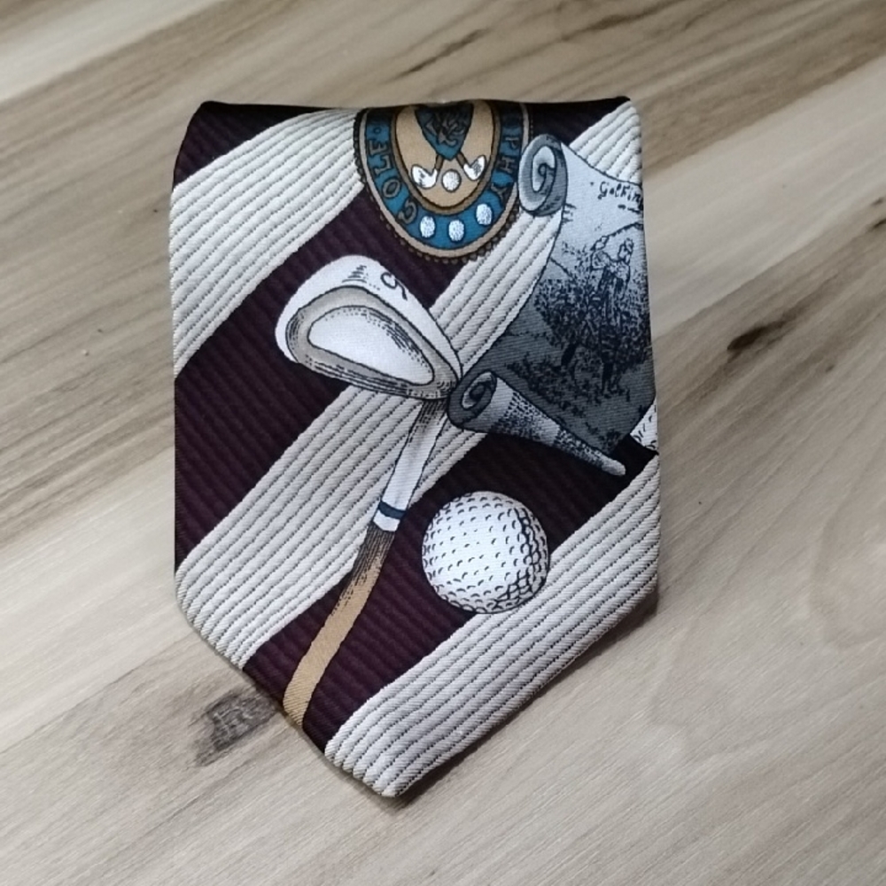 Golf-Themed Burgundy and Cream Tie 100% Silk